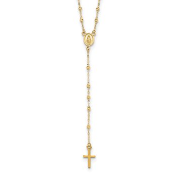 14k Polished Cross and Miraculous Medal with Diamond-cut Beads 17 inch Rosary Necklace Plus 3 inch Extender