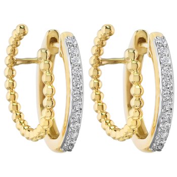 14K Yellow Gold Double Hoops 1 Pave Set 1 Beaded Diamond Earrings 0.15 Ctw