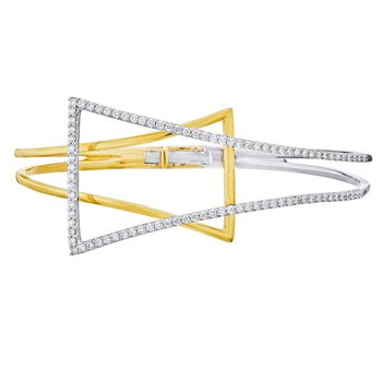 14K Two Tone Wide Interlocking Negative Space Geometric Shape One Side Pave Set Bangle Diamond 1.00 Ctw