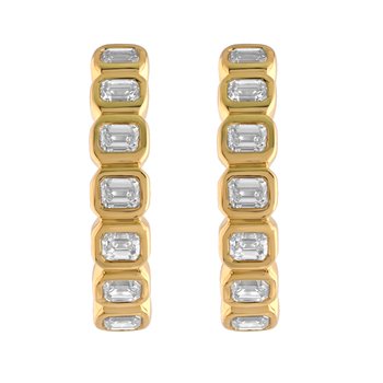 14K Yellow Gold Horizontal Bezel Set Emerald Cuts Hoops Diamond Earrings 1.01 Ctw
