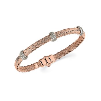 14K Rose Gold Plaited Flex with 3 Diamond Stations Bangle Diamond 0.25 Ctw