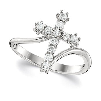14K White Gold Ring Prong Set Diagonal Cross Plain Shank Diamond 0.10 Ctw