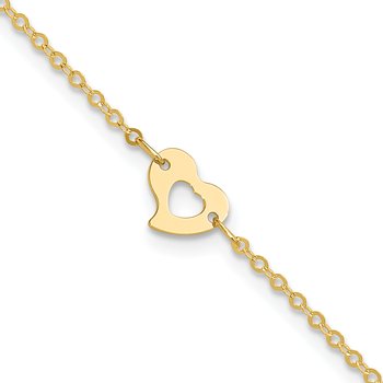 14k Polished Cut-out Heart 9 inch Plus 1 inch Extender - Total 10 inch Anklet