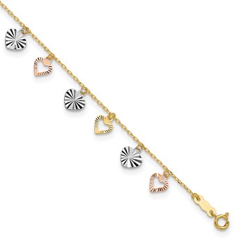 14K Tri-Color Dangle Hearts 9 inch Plus 1 inch Extender - Total 10 inch Anklet
