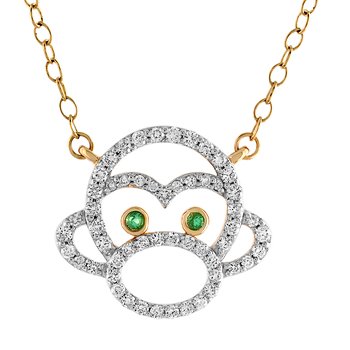 ZooLightful™ 14K Yellow Gold Cutout Monkey Face Necklace Diamond 0.26 Ctw