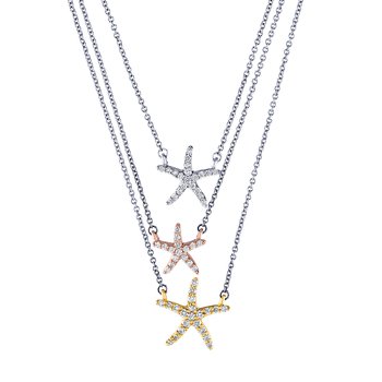 Oceanity™ 14K Two Tone Necklace Triple Row Layered with Pave Set Starfish Diamond 0.50 Ctw