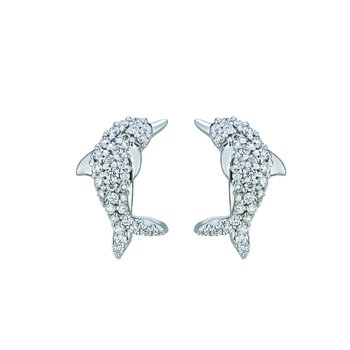OCEANITY ™ 14k White Gold Earrings Dolphin Pave Set Huggies Diamond 0.25 Ctw