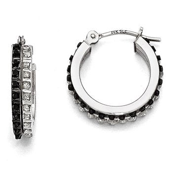 14k White Gold Diamond Fascination B & W Diamond Round Hinged Hoop Earrings