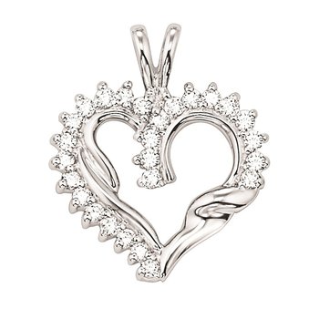 14k White Gold Heart Shape Cutout Pendant Prong Set Diamonds Rabbit Ear Bail 1.00 Ctw