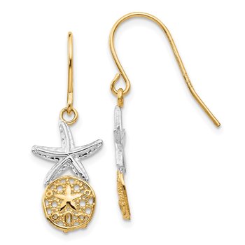 14k & Rhodium Starfish w/Sand Dollar Shepherd Hook Earrings