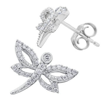 ZooLightful™ 14k White Gold Cutout Dragonfly Bezel Set Head Earrings Diamond 0.25 Ctw