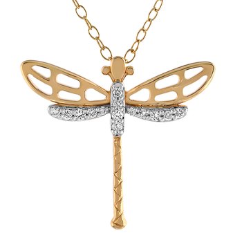 ZooLightful™ 14K Yellow Gold Dragonfly with Filigree Wings Necklace Diamond 0.10 Ctw