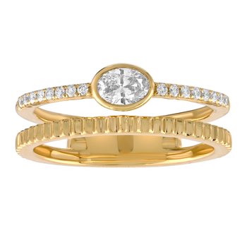14K Yellow Gold 2 Row Oval Bezel Set 1 Row Pave 1 Row Textured Diamond Ring 0.34 Ctw