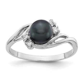 14k White Gold 6mm Black FW Cultured Pearl AAA Diamond ring