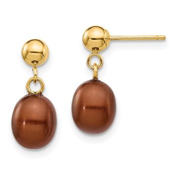 14k 6-7mm Brown Rice Freshwater Cultured Pearl Post Dangle Earrings