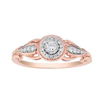 10K Rose Gold Ring Round Illusion Set Center with Halo Diamond Shoulders Diamond 0.15 Ctw