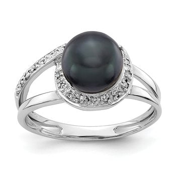 14k White Gold 7.5mm Black FW Cultured Pearl AAA Diamond ring
