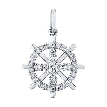 BluSea™ 14k White Gold Pendant Ships Wheel Prong Set Diamonds in Center Diamond 0.25 Ctw