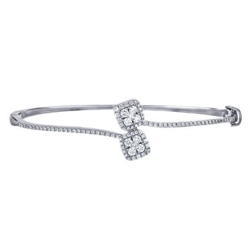 14K White Gold Open Ended Bypass with Cushion Shape Clusters Bangle Diamond 1.00 Ctw
