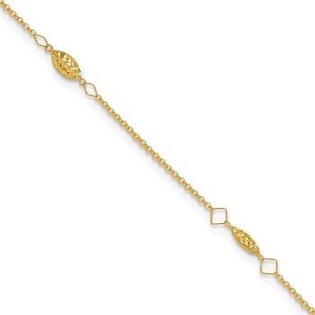 14K Diamond-cut Rice Puff Beads 4-Station 9 inch Plus 1 inch Extender - Total 10 inch Anklet