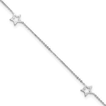 14K White Gold Open Star 3-Station 9 inch Plus 1 inch Extender - Total 10 inch Anklet