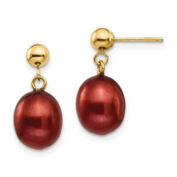 14k 8-9mm Brown Freshwater Cultured Pearl Post Dangle Earrings