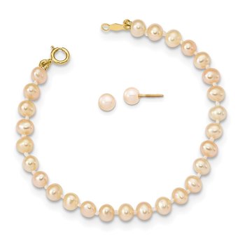14k Madi K 4-5mm Pink Freshwater Cultured Pearl 5.5 inch Bracelet and Post Earrings Set