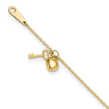 14k Cable Chain with Puffed Heart and Key Dangle 9 inch Plus 1 inch Extender - Total 10 inch Anklet