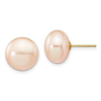 14k 11-12mm Pink Button Freshwater Cultured Pearl Stud Post Earrings