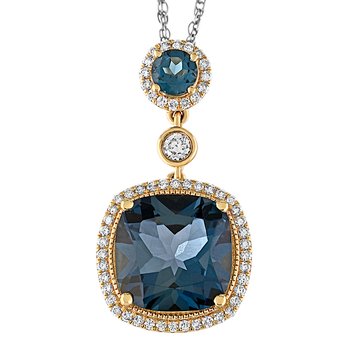 Majestic Gems™ 14k Yellow Gold Cushion Blue Topaz Halo w/Round Halo and Bezel Set Diamond Blue Topaz & Diamond 4.98 Ctw