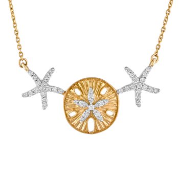 Oceanity™ 14K Yellow Gold Necklace Necklace Sand Dollar with Starfish Center and Starfish on Sides Diamond 0.27 Ctw