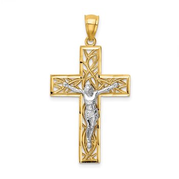 14K Two-Tone Satin Polished D/C Crucifix W/Vines Pendant