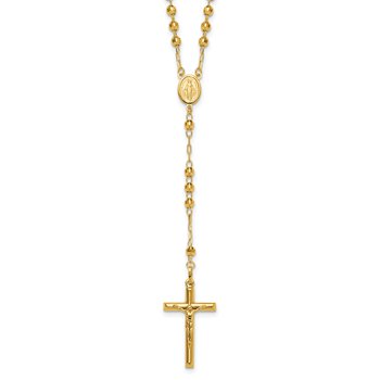 14k Polished Crucifix and Miraculous Medal with 4mm Mirror Beads Semi-solid 24 inch Rosary Necklace