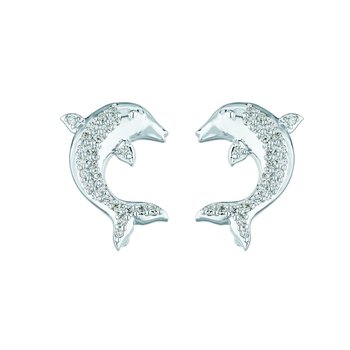 OCEANITY ™ 14k White Gold Earrings Dolphin Pave Set Through Center Polished Sides Diamond 0.50 Ctw