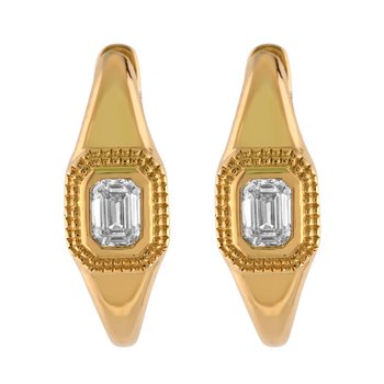 14K Yellow Gold Bezel Set Emerald Cuts Tapered Hoops Diamond Earrings 0.40 Ctw
