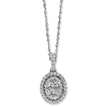 14K White Gold Pendant Oval Cluster Pave Set with Halo Diamond 0.75 Ctw