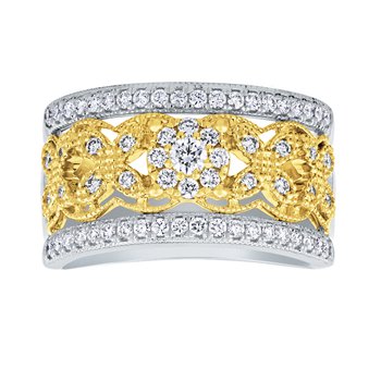 14K Two Tone Ring Wide Filigree Flower & Leaf Bead Set Rails Diamond 0.50 Ctw