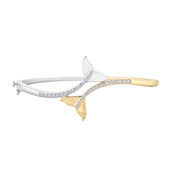 OCEANITY ™ 14k Two Tone Bangle Bypass with Whale Tails Hinged with Security Lock Diamond 0.51 Ctw