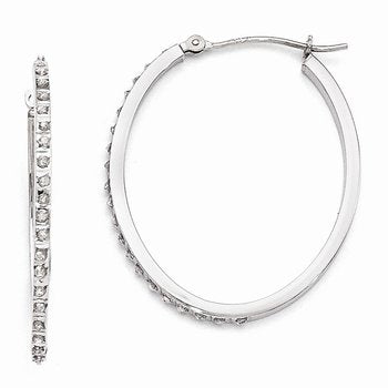 14k White Gold Diamond Fascination Oval Hinged Hoop Earrings