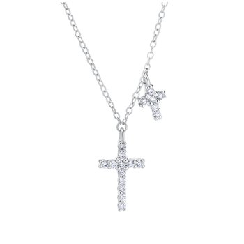 14K White Gold Necklace Double Cross Shared Prong 1 Smaller Diamond 0.20 Ctw