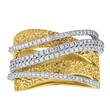 14K Two Tone Wide Textured with Multi Rows Pave Set Overlay Diamond Ring 0.65 Ctw