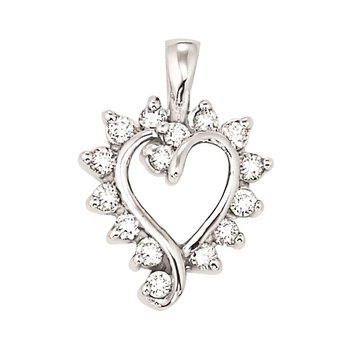 14k White Gold Heart Shape Cutout Pendant Prong Set Diamonds Plain Bail Pendant 0.33 Ctw