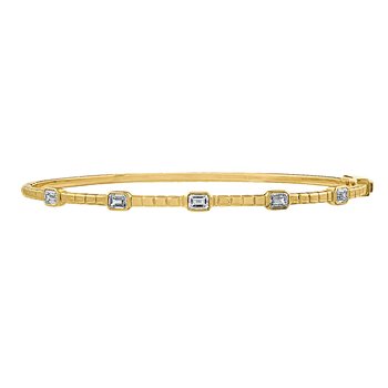 14K Yellow Gold Bezel Set Emerald Cuts 5 Stations Hinged Diamond Bangle 0.73 Ctw