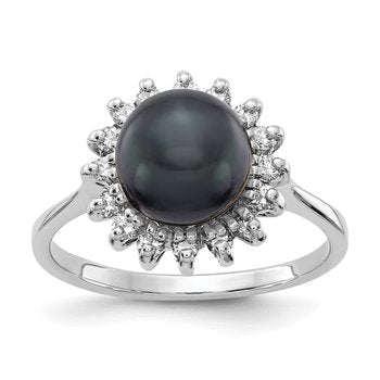 14k White Gold 7.5mm Black FW Cultured Pearl AA Diamond ring