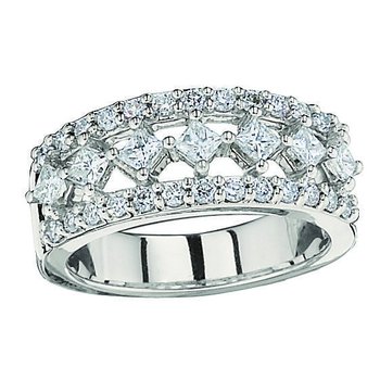 14K White Gold Ring Wide 7 Prong Set Princess Cuts with Round Rails Diamond 1.00 Ctw