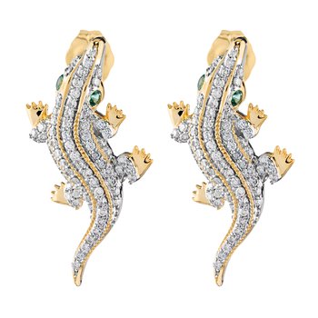 Oceanity™ 14K Yellow Gold Earrings Pave Set Alligators with Emerald Eyes Diamond 0.50 Ctw