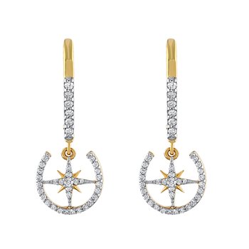 14K Yellow Gold Pave Horseshoe with North Star Drops on Diamond Set Lever-Back Diamond Earrings 0.39 Ctw