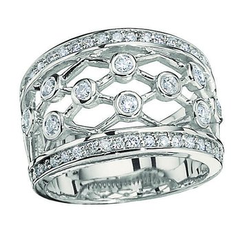 14K White Gold Ring Wide Criss-Cross Rows with Bezel Set Diamond 0.75 Ctw