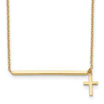 14k Polished Bar with Dangle Cross 13 inch Choker Necklace Plus 2 inch Extender