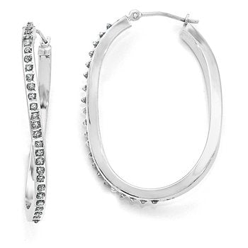 14k White Gold Diamond Fascination Oval Twist Hinged Hoop Earrings